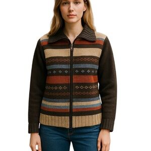 Crazy Horse Vintage All Wool Stripe Fair Isle Full Zip Sweater M